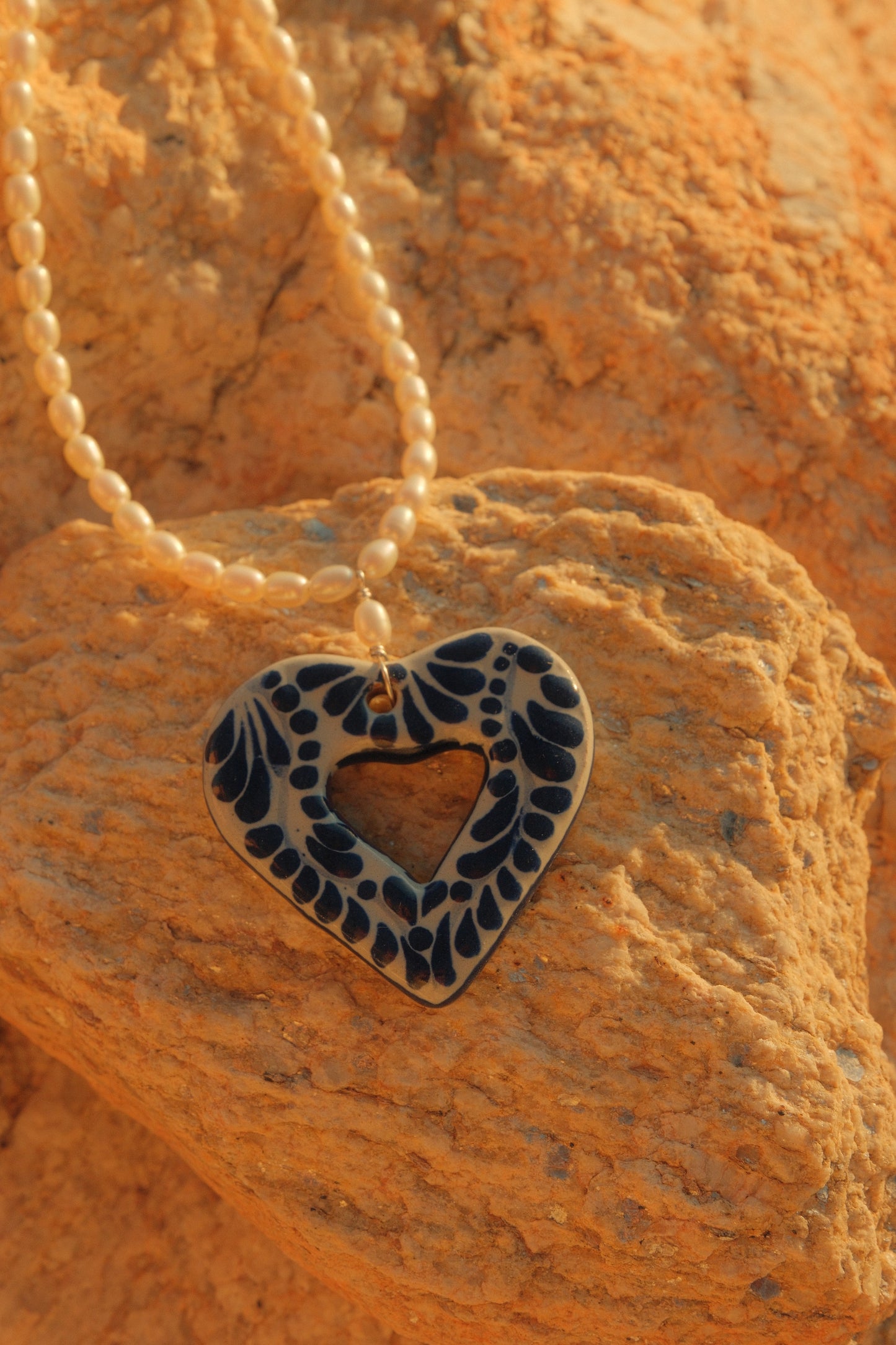 Large Talavera Heart with Pearl Necklace