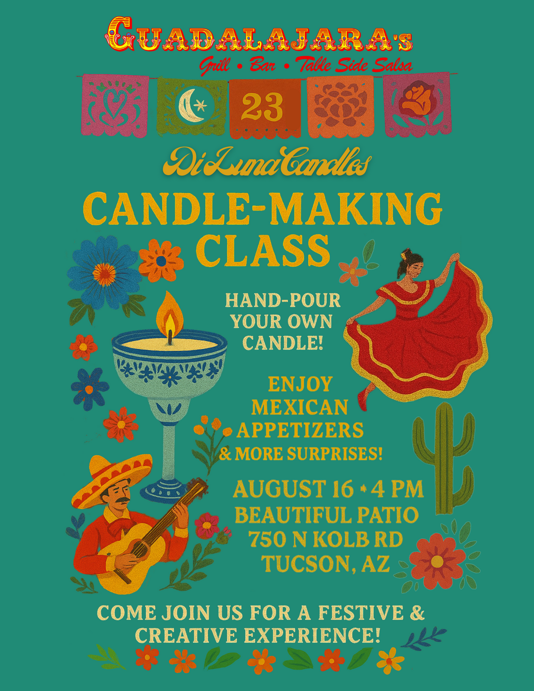 🕯️✨ 8/16 Candle-Making Fiesta with Di Luna Candles at Guadalajara’s Grill 🌸🌮
