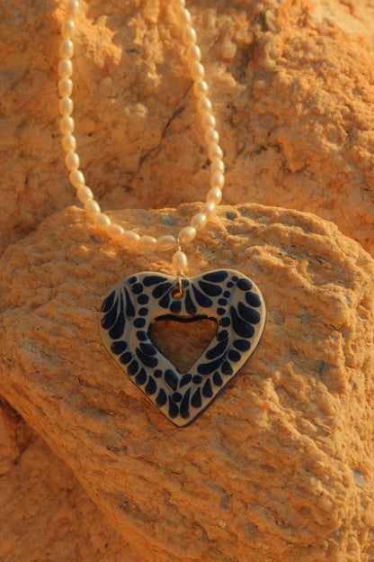 Large Talavera Heart with Pearl Necklace