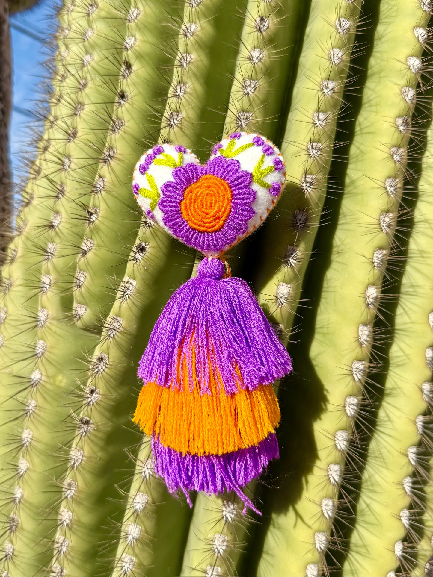 Purple and Orange Flower Embroidered Heart Pom Pom