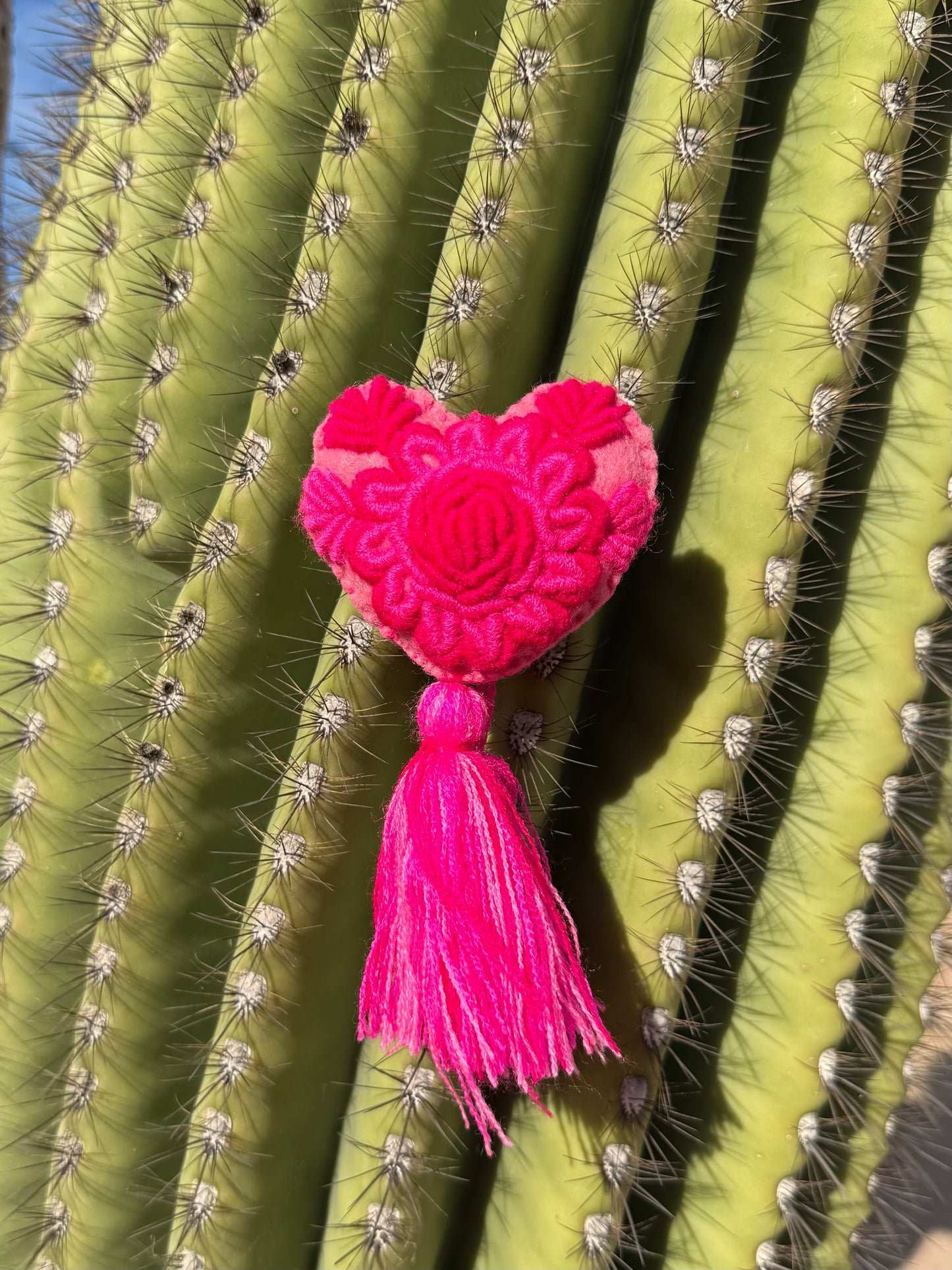 Pink Flower Embroidered Heart Pom Pom