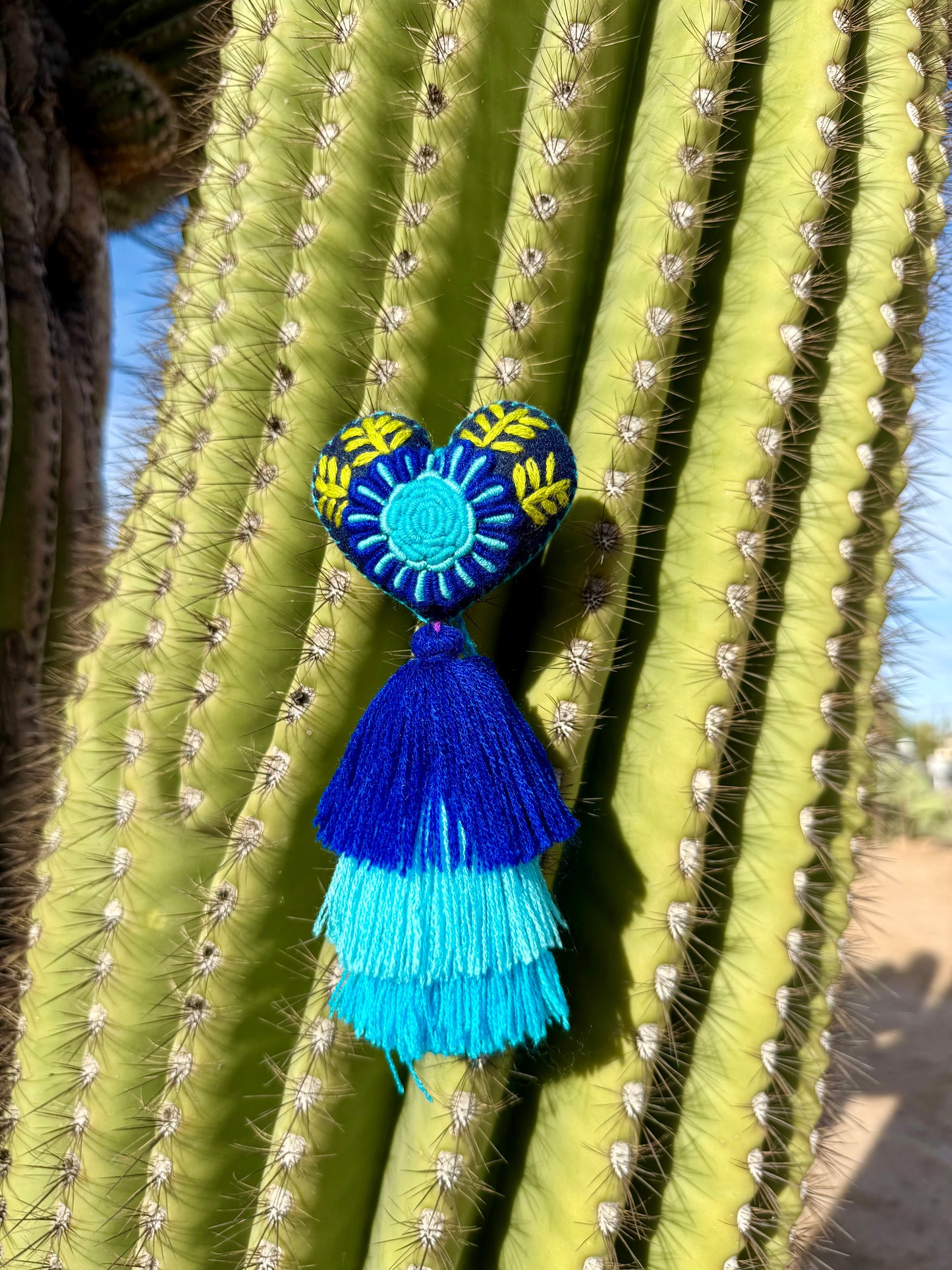 Blue Flower Embroidered Heart Pom Pom