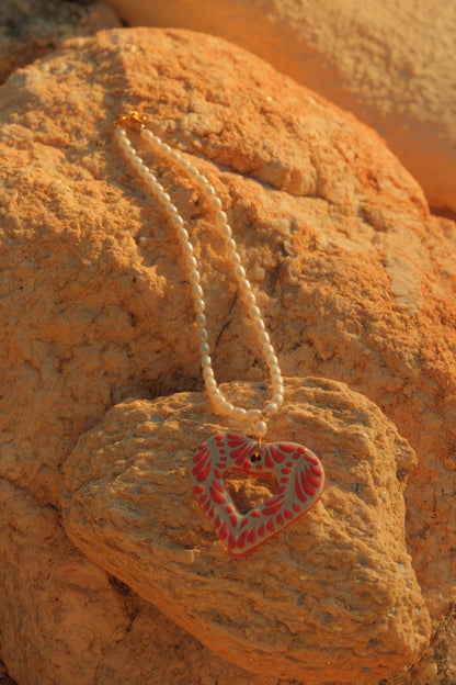 Large Talavera Heart with Pearl Necklace