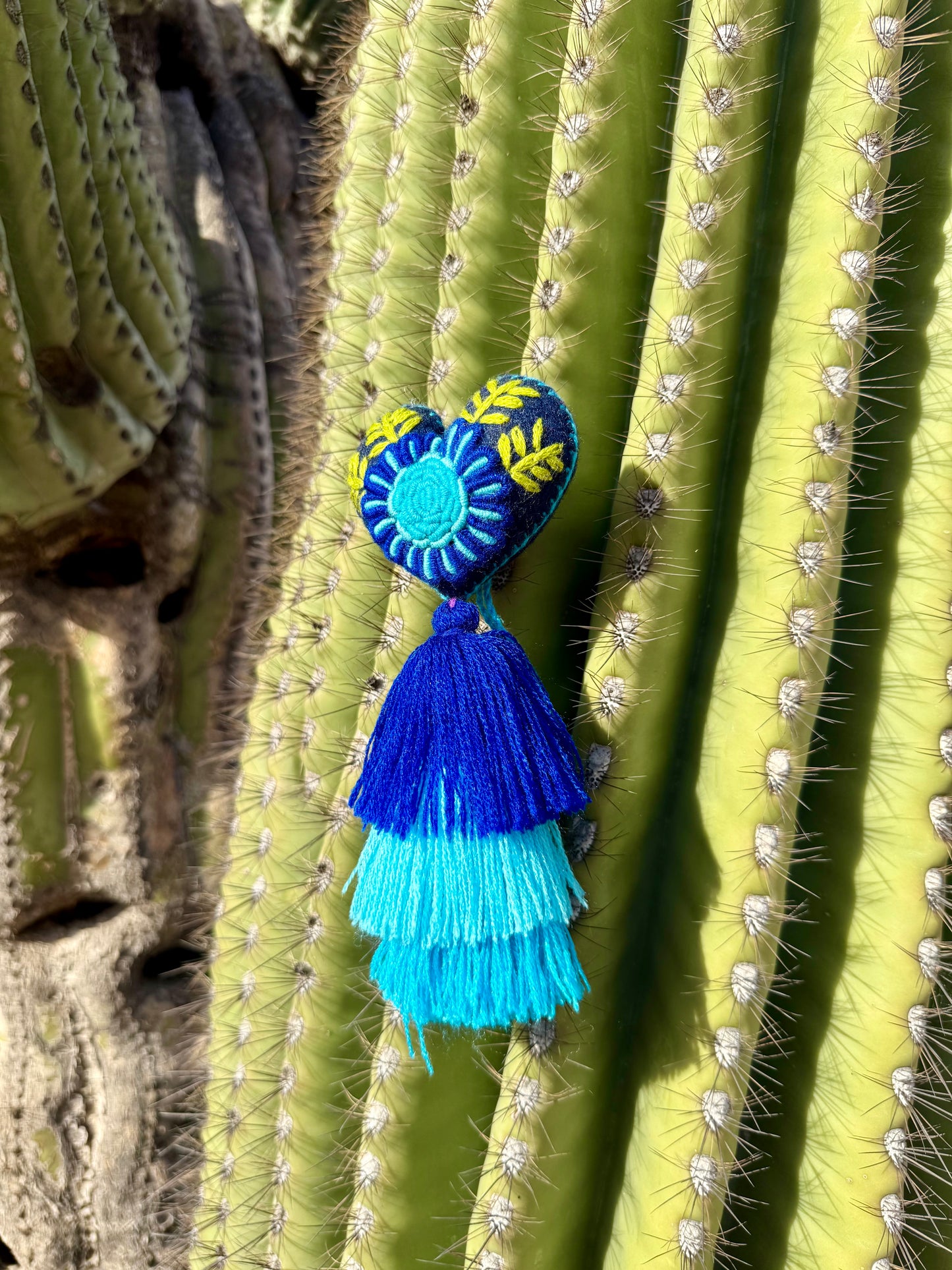 Blue Flower Embroidered Heart Pom Pom