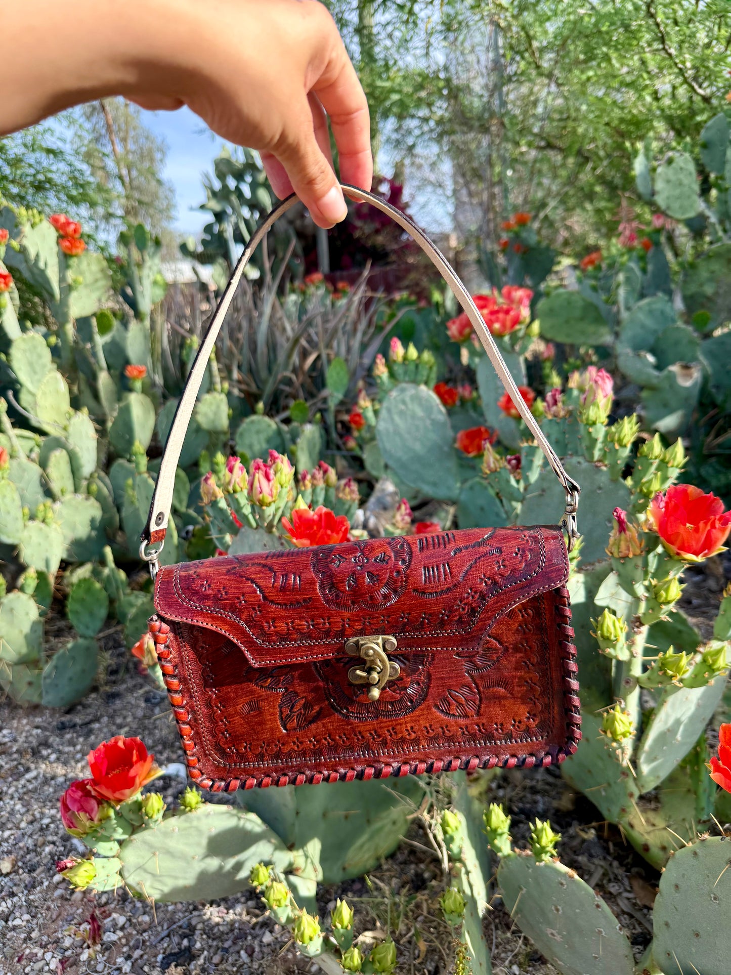 Tooled Crossbody/Shoulder Bag with Lock - Brown