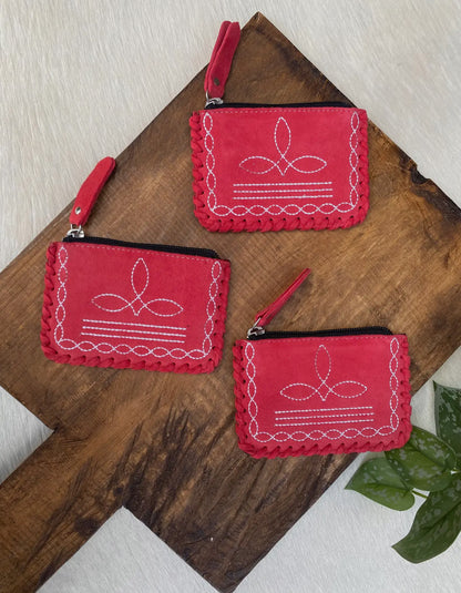 Raspberry Bootstitch Suede Coin Pouch