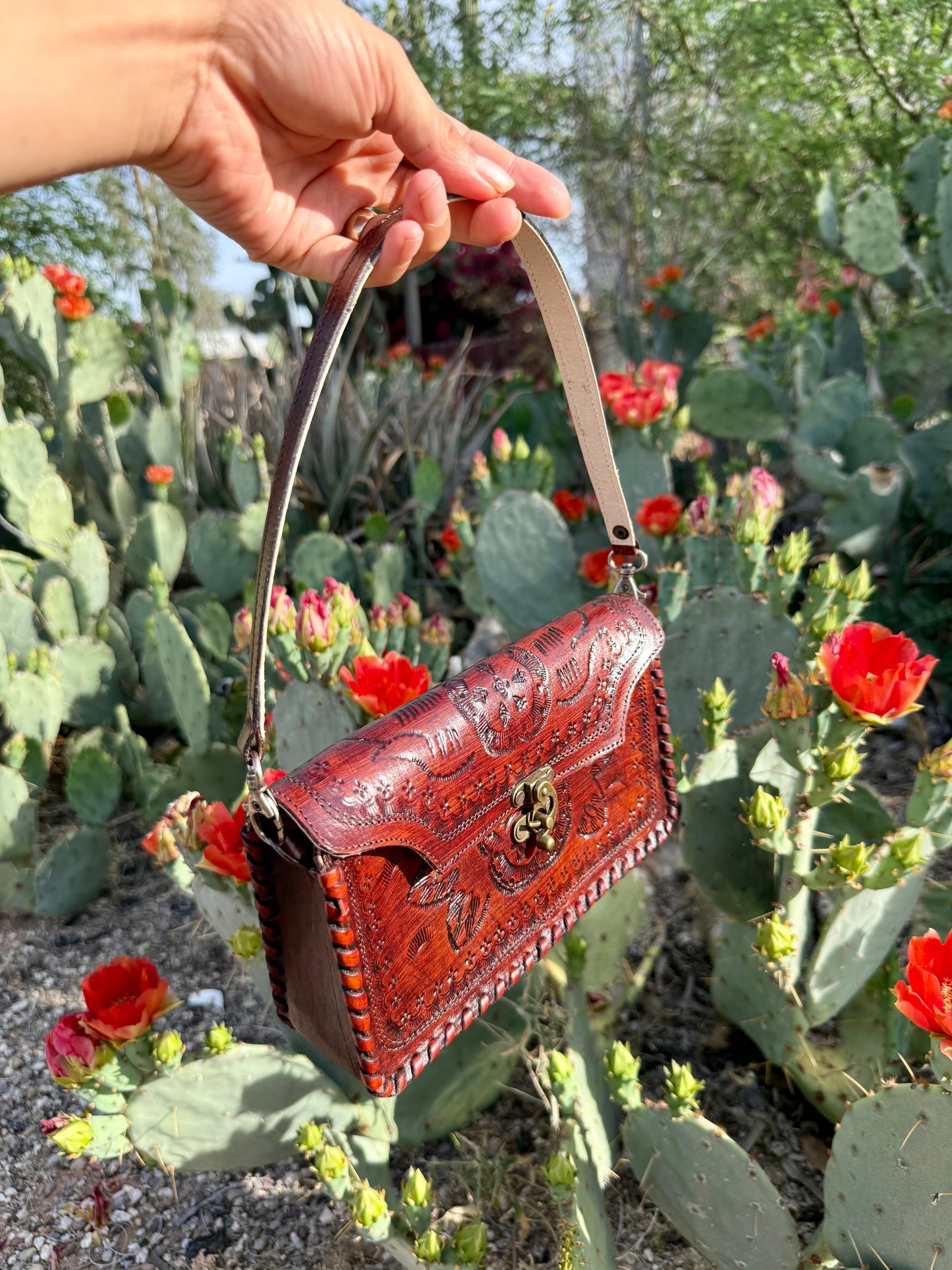 Tooled Crossbody/Shoulder Bag with Lock - Brown