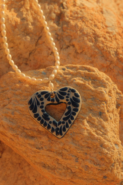 Large Talavera Heart with Pearl Necklace