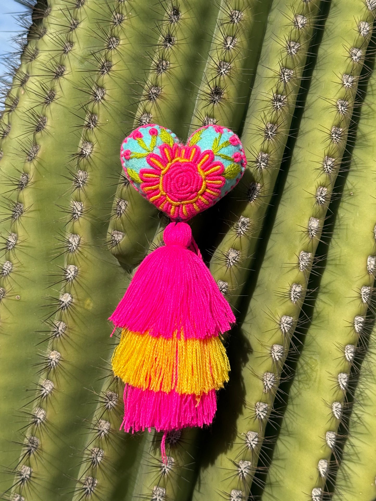 Pink and Blue Flower Embroidered Heart Pom Pom