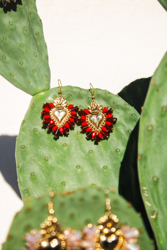 Heart Crystal Earrings - RED