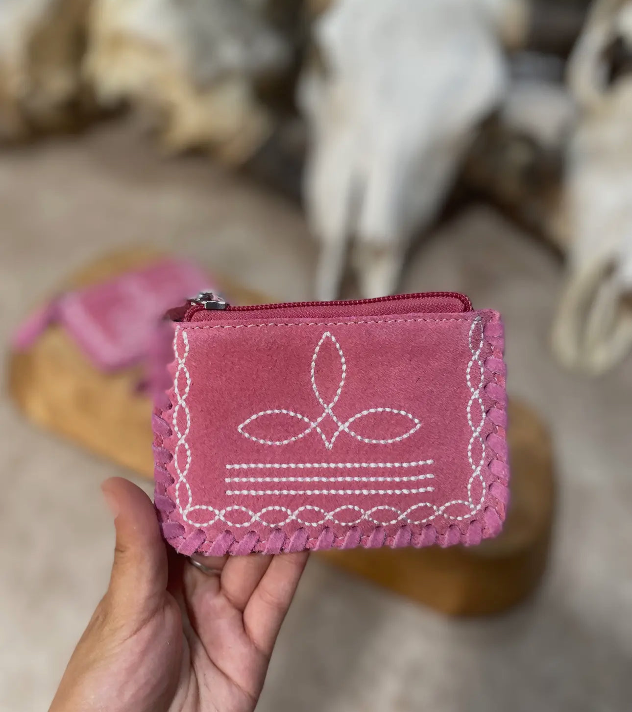 Pink Bootstitch Suede Coin Pouch