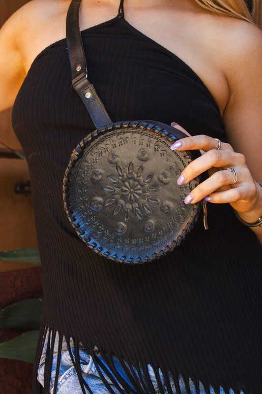 Black Round Tooled Belt Bag