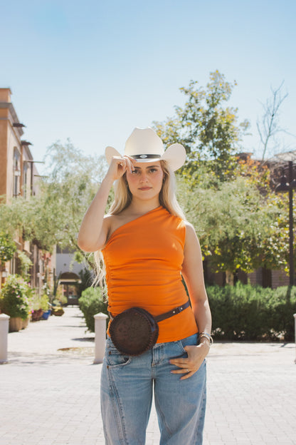 Brown Round Tooled Belt Bag