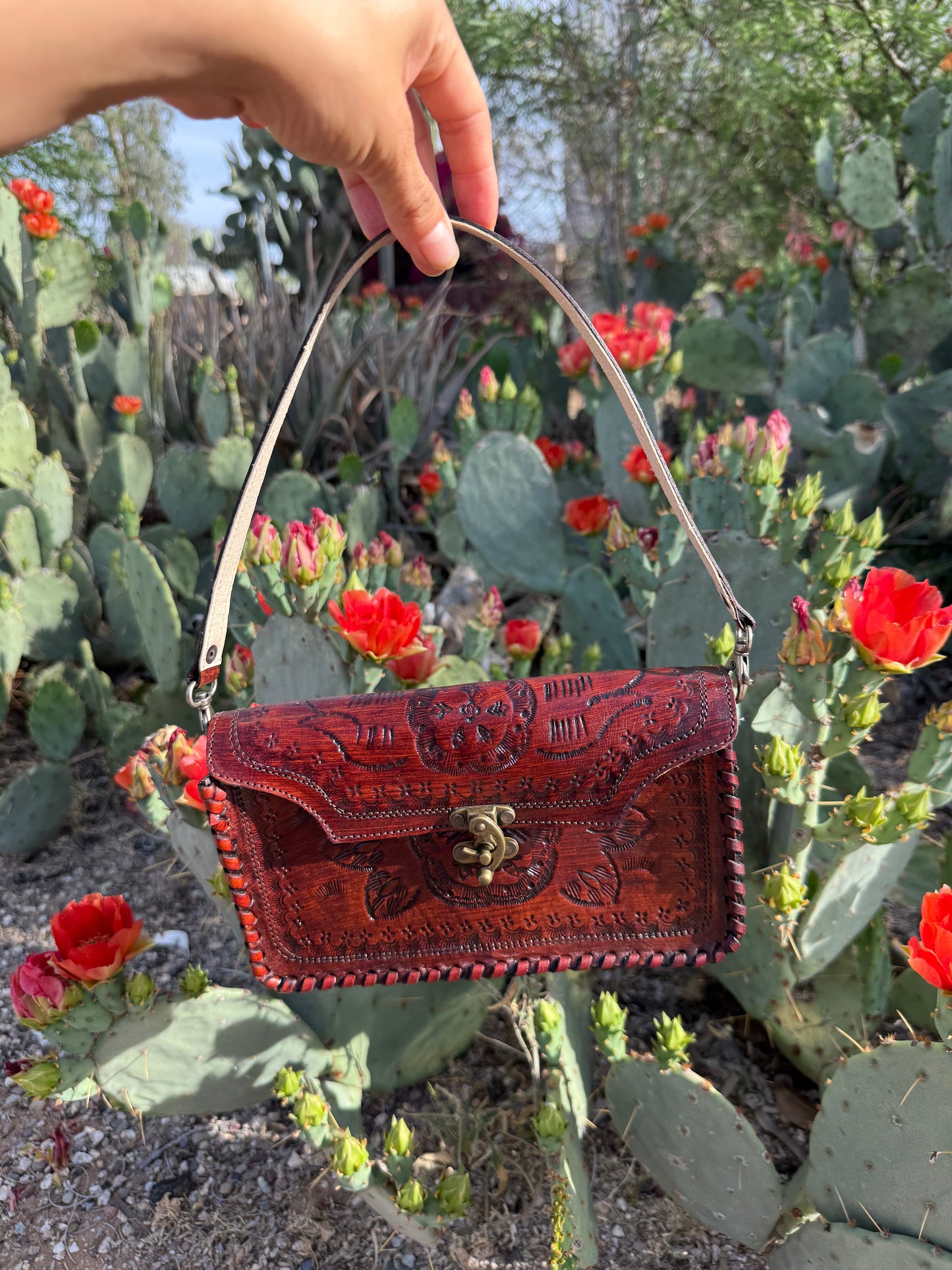 Tooled Crossbody/Shoulder Bag with Lock - Brown