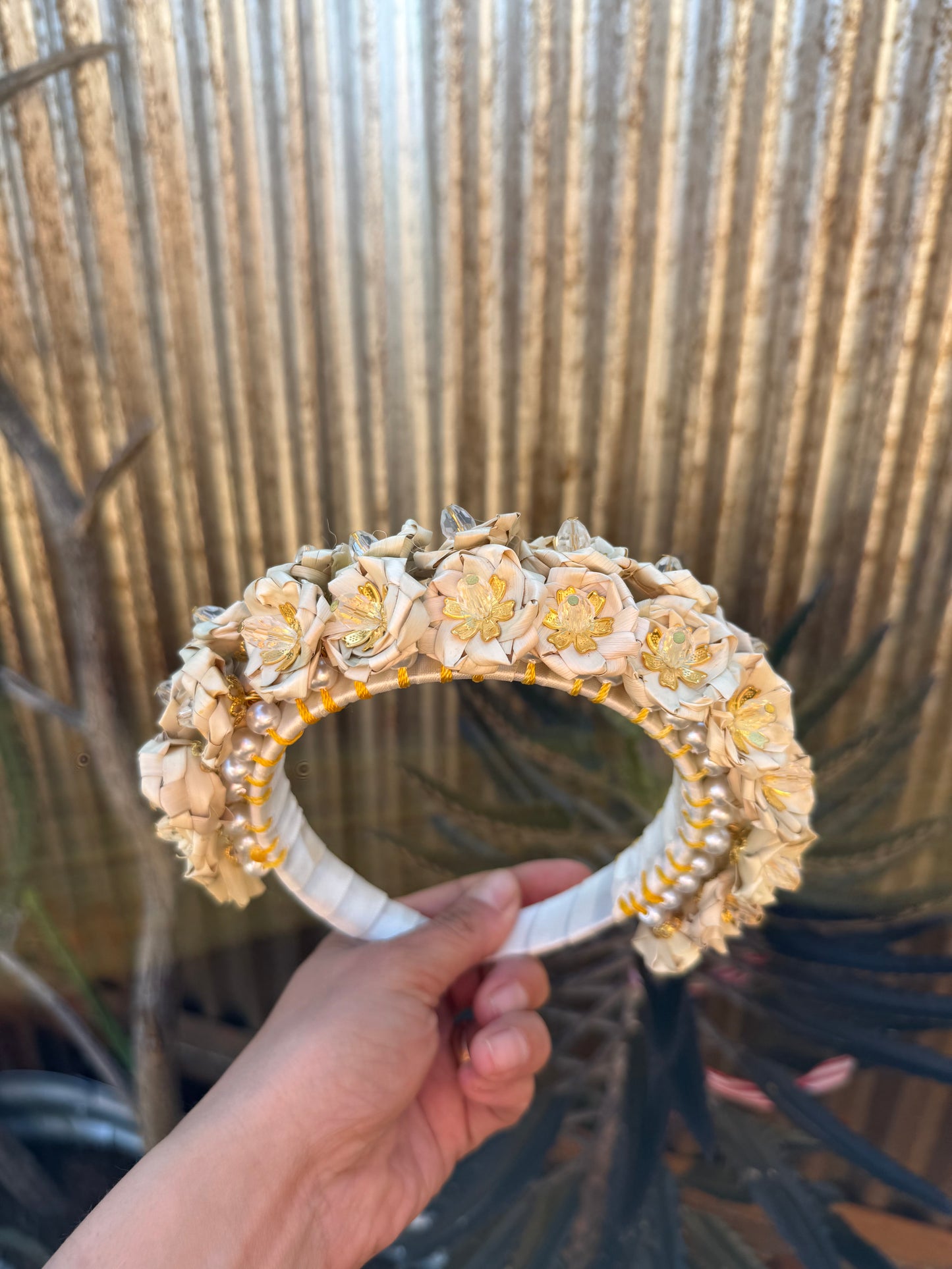 Natural and Pearls Flower Headband