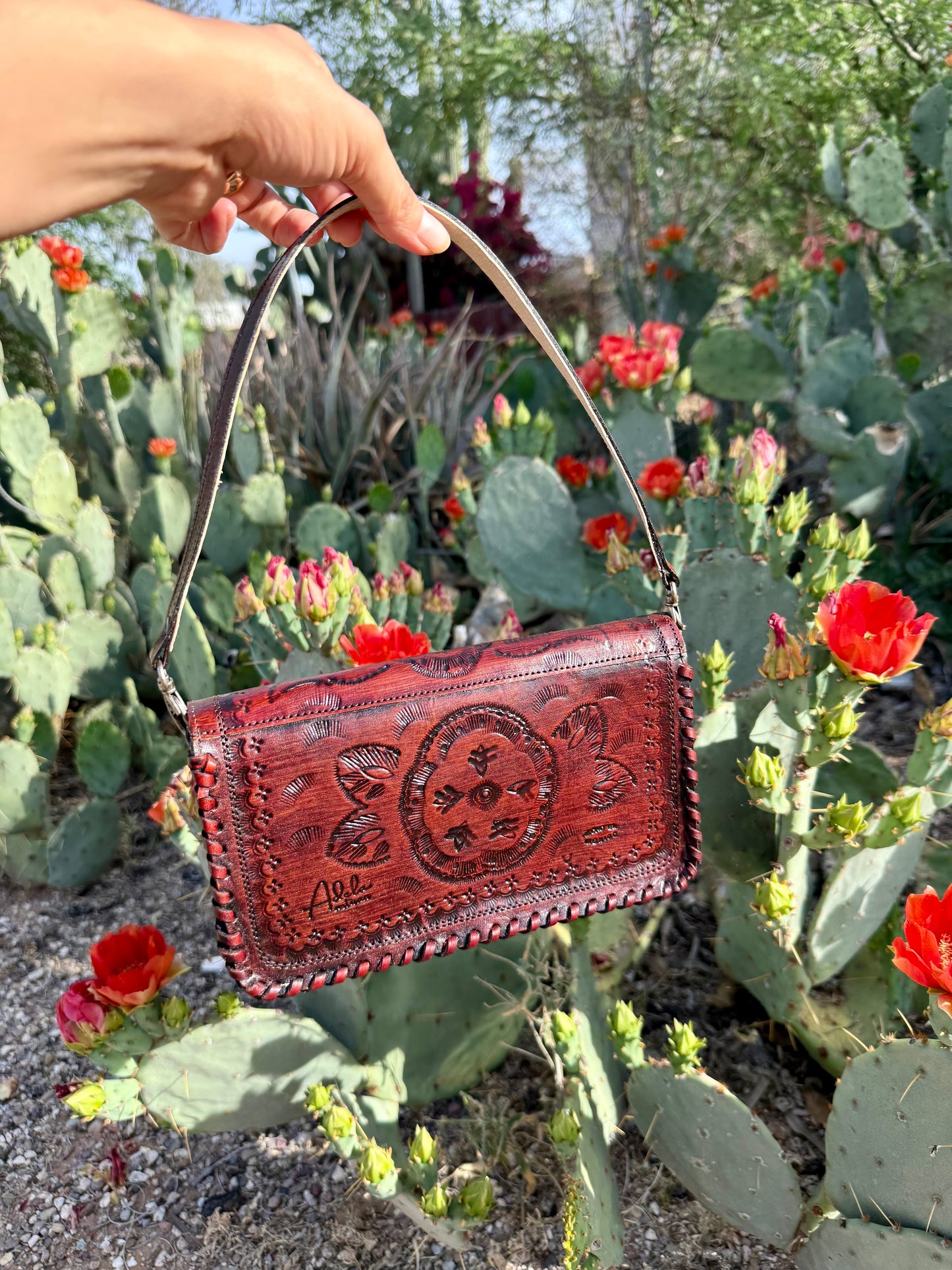 Tooled Crossbody/Shoulder Bag with Lock - Brown