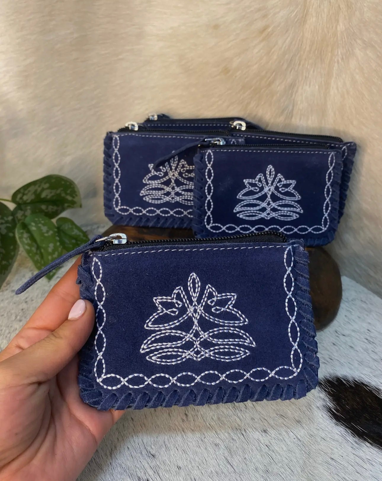 Flower Navy Bootstitch Suede Coin Pouch