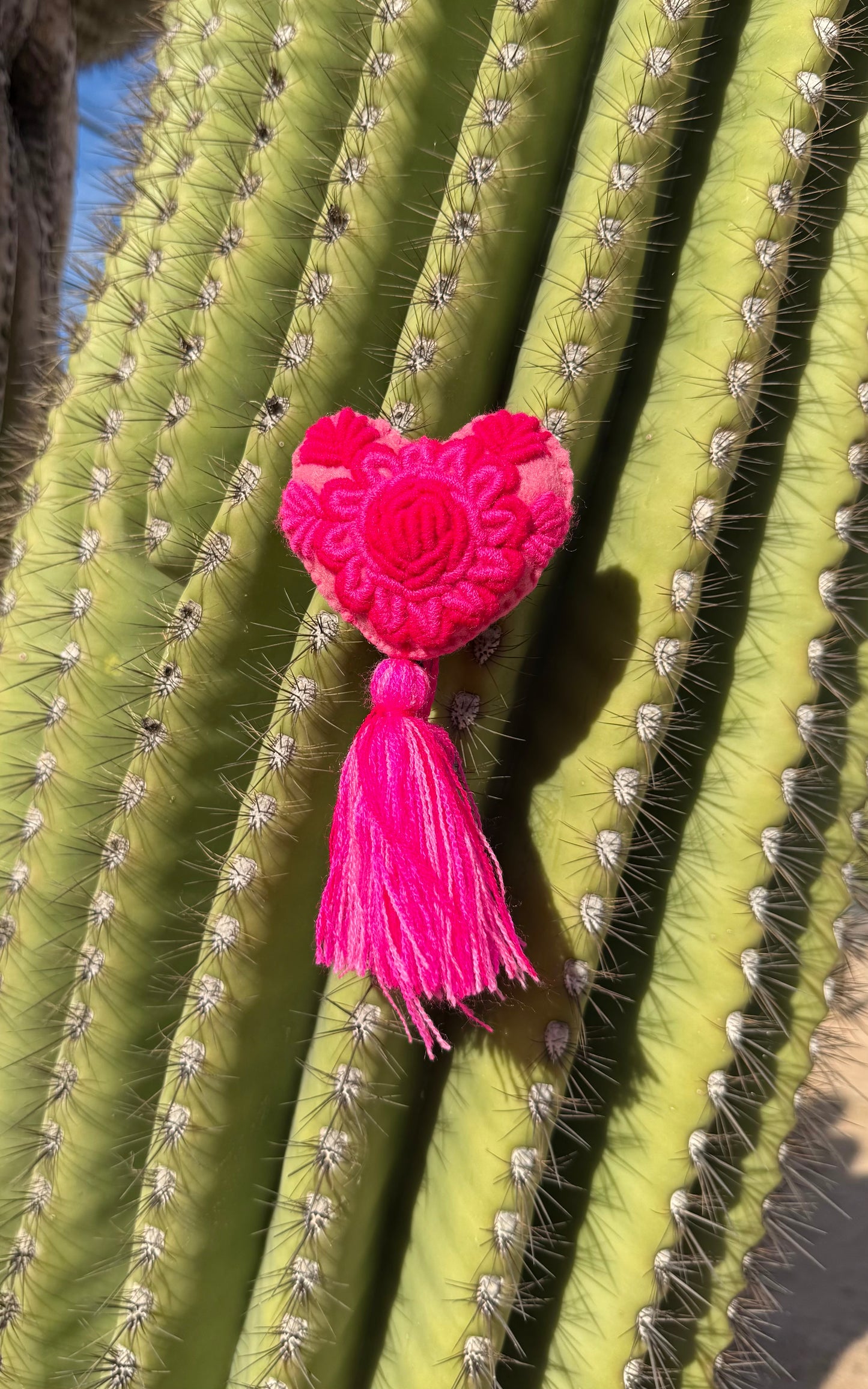 Pink Flower Embroidered Heart Pom Pom