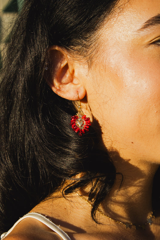 Red Mini Beaded Heart - Earrings