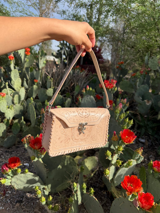 Tooled Crossbody/Shoulder Bag with Lock - Natural