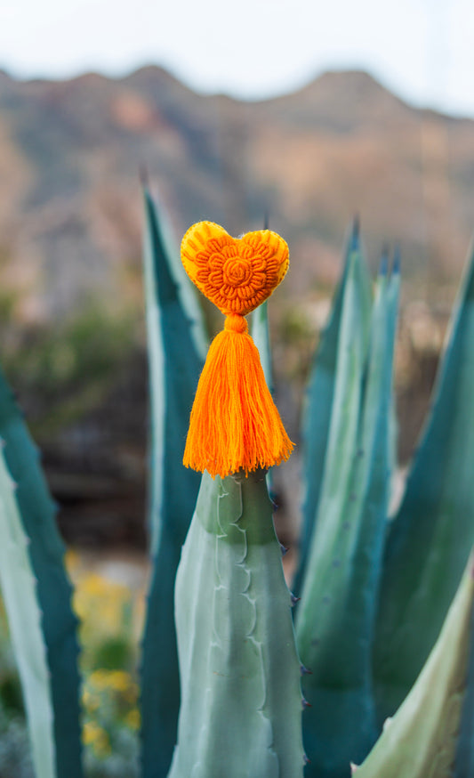 Yellow Embroidered Heart Pom Pom