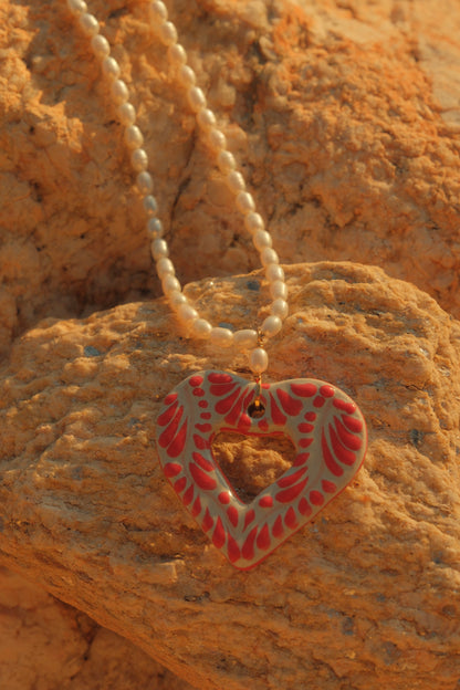 Large Talavera Heart with Pearl Necklace