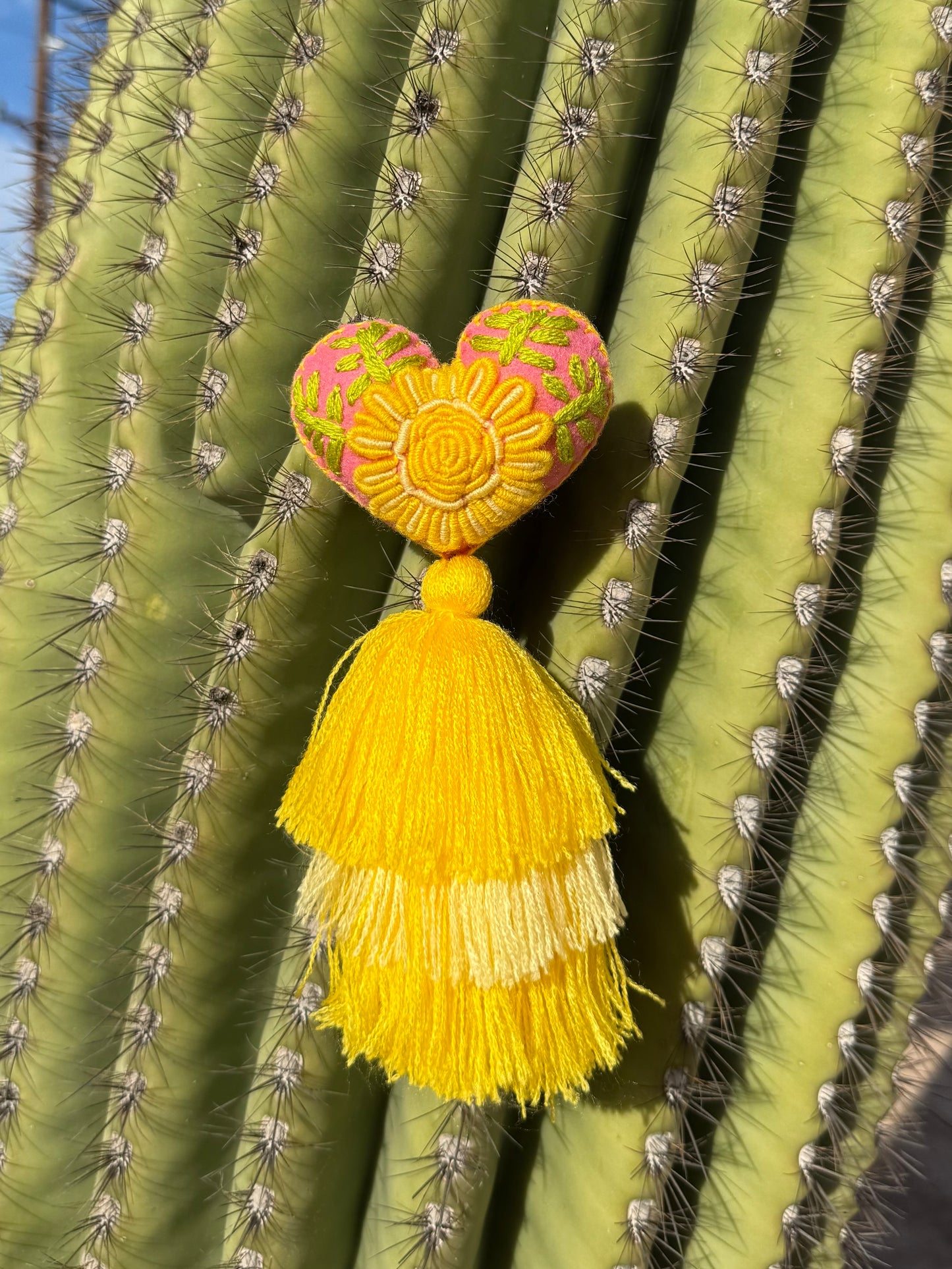 Pink and Yellow Flower Embroidered Heart Pom Pom