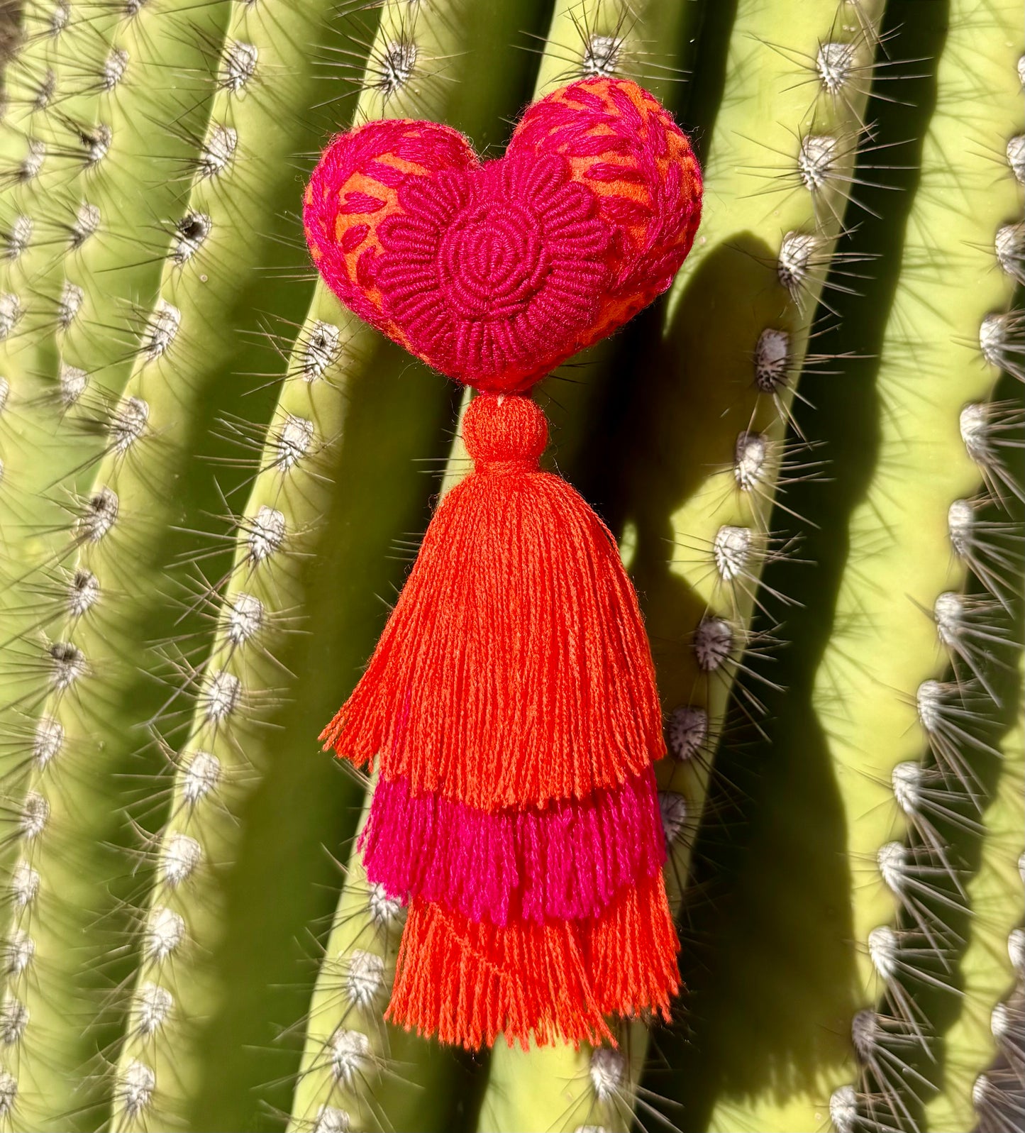 Pink and Orange Flower Embroidered Heart Pom Pom