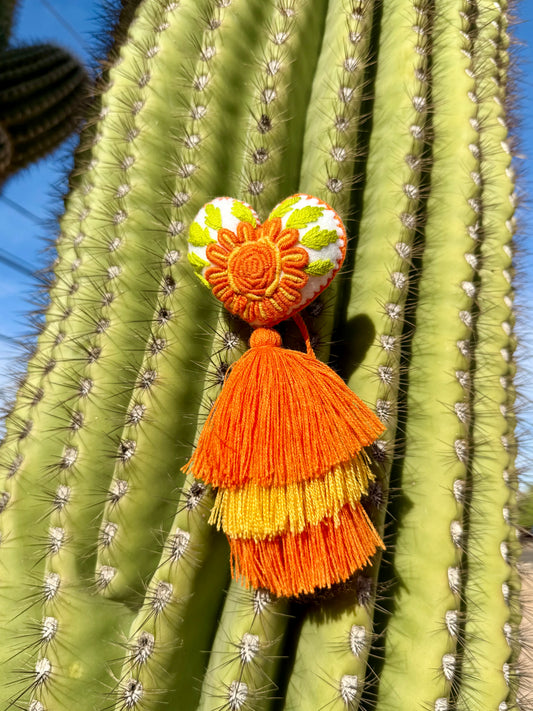 Orange Flower Embroidered Heart Pom Pom