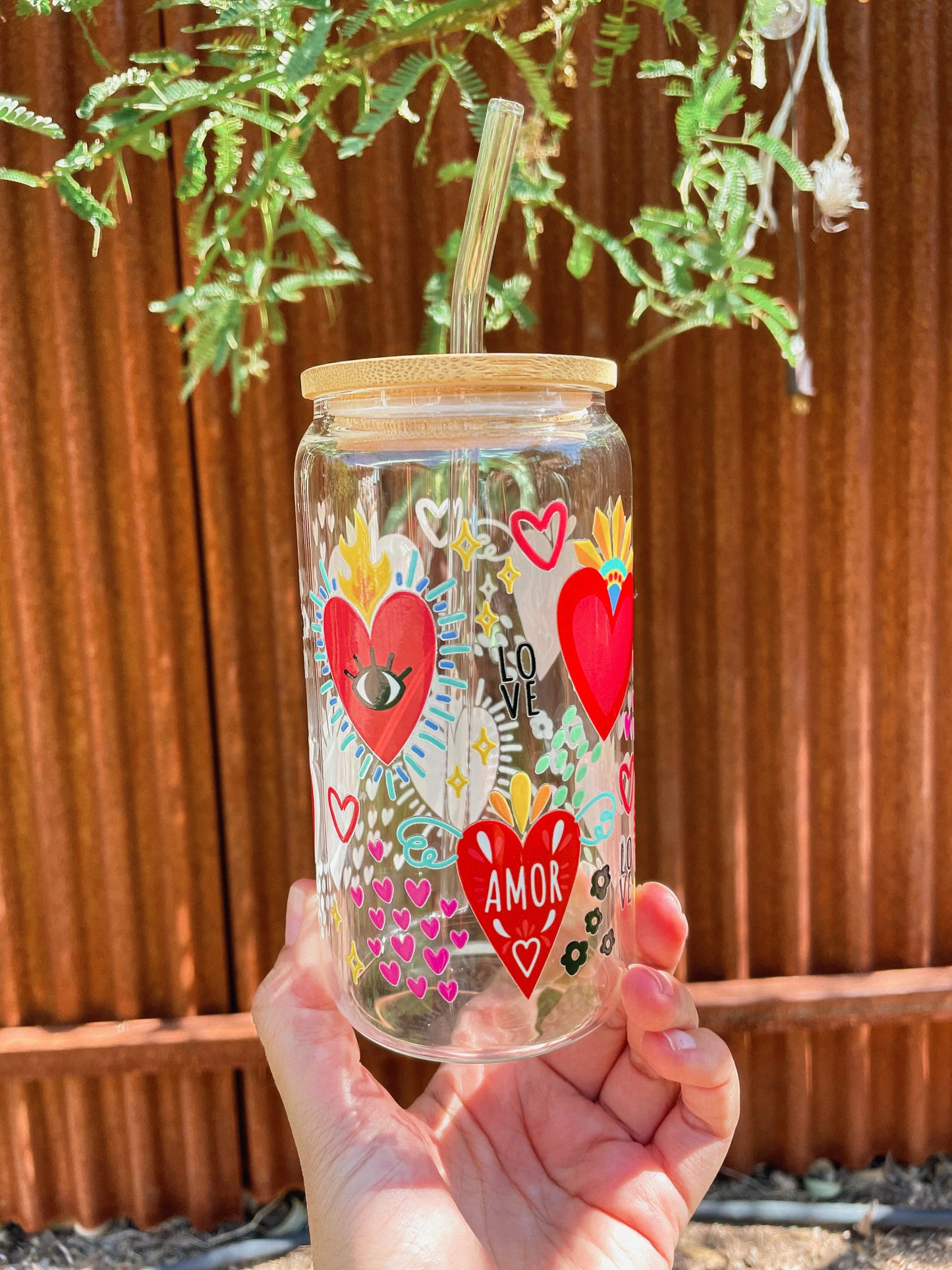 Sacred Heart Design with Love & Amor | 16 oz Glass Cup with Bamboo Lid & Straw