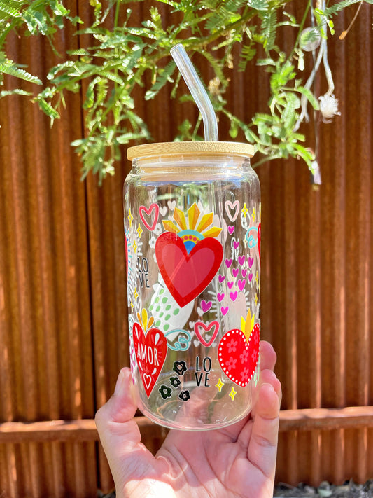 Sacred Heart Design with Love & Amor | 16 oz Glass Cup with Bamboo Lid & Straw