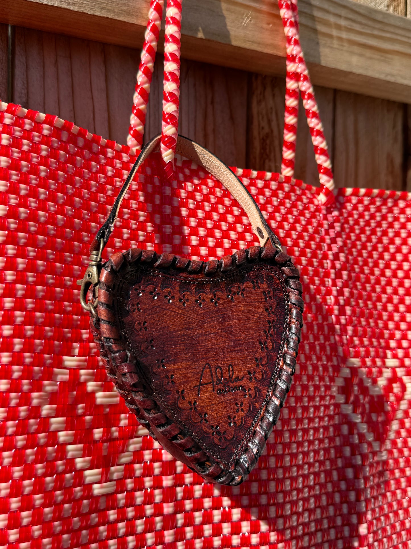 Brown Heart Mini Leather Moneybag Crossbody